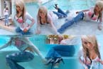 nice girl swims in pool fully dresses with jeans and shirt