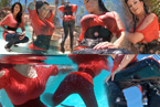 Pin-Up Girl with Jeans and Corsage in pool and waterfall