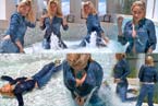 blonde asian girl swimming and diving in pool with sexy jeans outfit