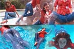 brunette girl in tight blue jeans swimming and diving in water